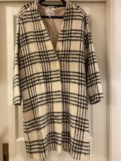 アダムエロペ　モヘヤシャギーノーカラーチェックコート クリーニング済