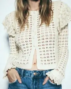 ZARA オープンニットカーディガン フリルレース　透かし編み