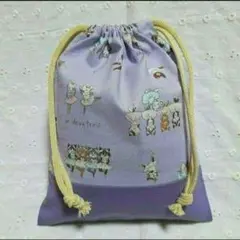 ハンドメイド、猫ちゃんバレリーナ柄の給食袋、巾着袋、コップ入れ、紫