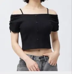 リブフロントボタンオフショルダーT 半袖 ブラック