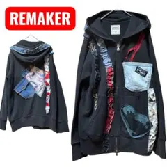 Ｍ✨黒ジップアップパーカー✨猫デニムポケット✨ダメージリメイク✨古着リメイク