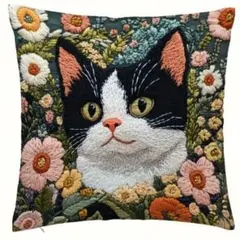 クッションカバー ハチワレ猫 黒 花 刺繍風 片面プリント ジッパー インテリア