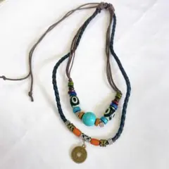 ウッドビーズ ネックレス 男女兼用 紐 硬貨 ターコイズ インディアン トルコ