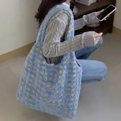 ボアトートバッグ　チェック柄　大容量　ブルー　レトロ　A4対応　サブバッグ