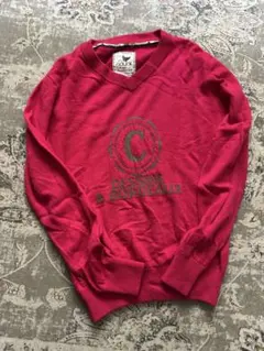 赤 Vネック ロゴ入り セーター