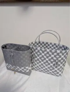 PPバンド プラカゴバッグ　ショルダーバッグ　グレーとホワイト　２点セット