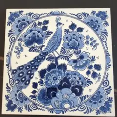 Delft Blauw 陶器タイル 孔雀 手描き オランダ製