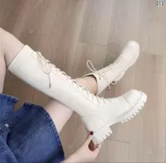 レースアップブーツ レディース 厚底 ハイチューブ ミドル丈 レザー 白