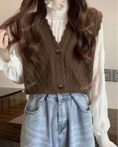 ブラウン ケーブル編み風 ノースリーブニットベスト