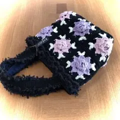 モチーフ編み　もこもこフリルと薔薇　コンパクトトートバッグ　かぎ針編み