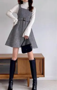 レディース　GRL ベルト付き千鳥格子柄ミニフレアジャンパースカート