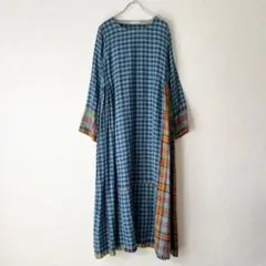 injiri インド綿 チェック パッチワークワンピース Aライン Mのサムネイル