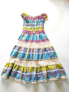 ノースリーブマルチカラーワンピース ティアード ギャザー レース ギャザー