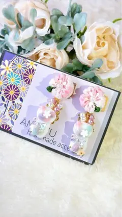 handmade ❁⃘*.゜ お花にゃんこと桜ちりめんのピアス