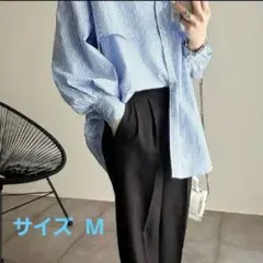 ストライプ シャツブラウス 変形ドロップショルダー スタンドカラー Mサイズ