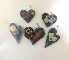 デニム、ハート型装飾品 5個セット