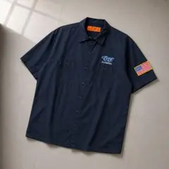 RED KAP 半袖 ワークシャツ XL 紺 企業ロゴ USAワッペン 古着のサムネイル