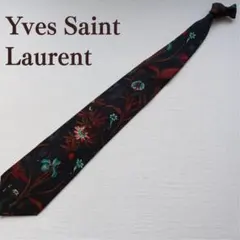 イヴサンローラン シルクネクタイ ブラック フラワー柄 定番人気【n7681】