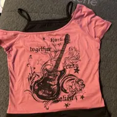 ROMWE Tシャツ ピンク ブラック ロックデザイン Sのサムネイル