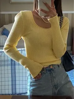 DAZY リブニット スクープネック セーター、長袖トップス