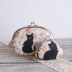 お得ながま口2個セット*黒猫と花畑×オレンジ