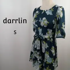 darrlin　5分袖　ワンピース　S　ネイビー　花柄　ウエストリボン　美品