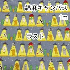 ラスト 1m UFOと猫 グレー 綿麻キャンバス