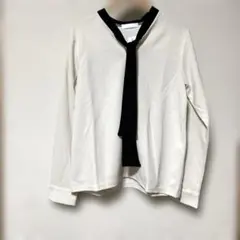 リボン付き長袖シャツ ホワイト/ブラック/ジャージ素材/サイズM