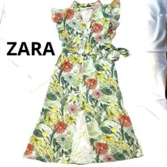 ZARA　ザラ　花柄　ボタニカルプリント　フリル　ノースリーブ　リボンワンピース