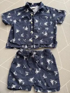 セットアップ キッズ 90 ネイビー 帆船プリント 夏