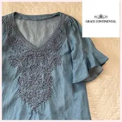 美品　グレースコンチネンタル ダンガリー　ブラウス　刺繍　ブラウス　半袖