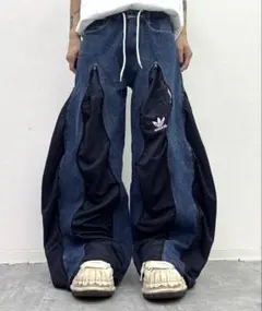 【希少】トラックパンツ　デニムパンツ　再構築 リメイクデニムパンツ