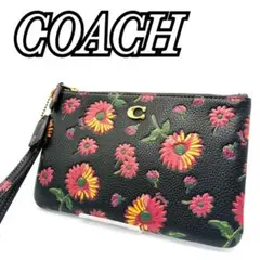 COACH コーチ スモール リストレット ポーチ フローラルプリント ブラック
