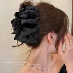 リボン柄 バンスクリップ ヘアクリップ ブラック