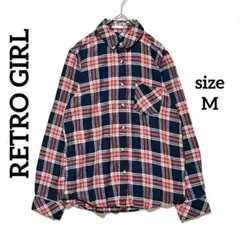 1972☆レトロガール 長袖 チェックネルシャツ 重ね着 M ネイビー レッドのサムネイル