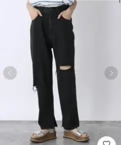 ジーナシス　スリットクラッシュテーパードデニムパンツ　ブラック