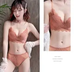 楽ブラ 盛りブラノンワイヤーレースブラジャーショーツセット テラコッタ XL