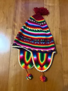 ペルー現地購入ハンドメイドアルパカニット帽サイケデリック カラフル レインボー