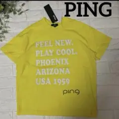 新品PING ビッグシルエットモックネックシャツ イエロー英字グラフィックM相当