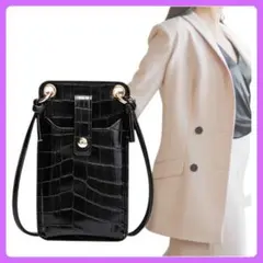スマホポーチ スマホホルダー 黒 ワニ柄 高みえ 大人っぽい カード収納