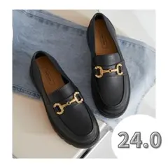 24㎝♥厚底 ビットローファー 防水 ブラック レディース レインシューズ 黒