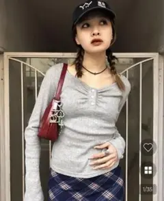 nugu hoop ギャザーヘンリーネックリブロングTシャツ
