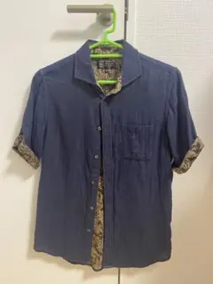 【美品】MICHEL KLEIN homme 紺色 半袖シャツ ポケット 内総柄