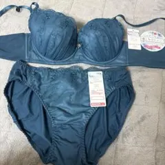 タイムセール、Lサイズ 刺繍入りブラジャーショーツセット ダークブルーC75