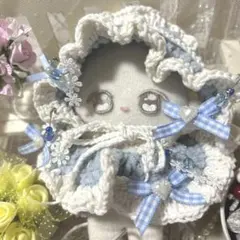 ぬい服 12cm ぬいぐるみ ヘッドドレス 水色 ギンガムチェックリボン