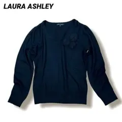 ローラアシュレイ カシミヤ混 コサージュ付き 長袖ニット ウール 黒 M 薄手