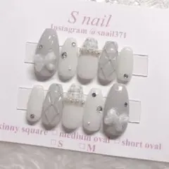 ネイルチップ グレー ツイード リボン キルティング ガーリー