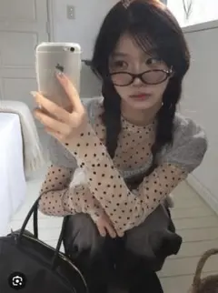 ドット柄シアートップスxリボンニットトップスアンサンブル[gf123]