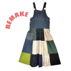 リメイク✳️サロペット ドッキングワンピース／パッチワーク／ティアード／デニム
