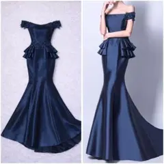 オフショル マーメイド レースアップ ビジュー ロング ドレス ネイビー M